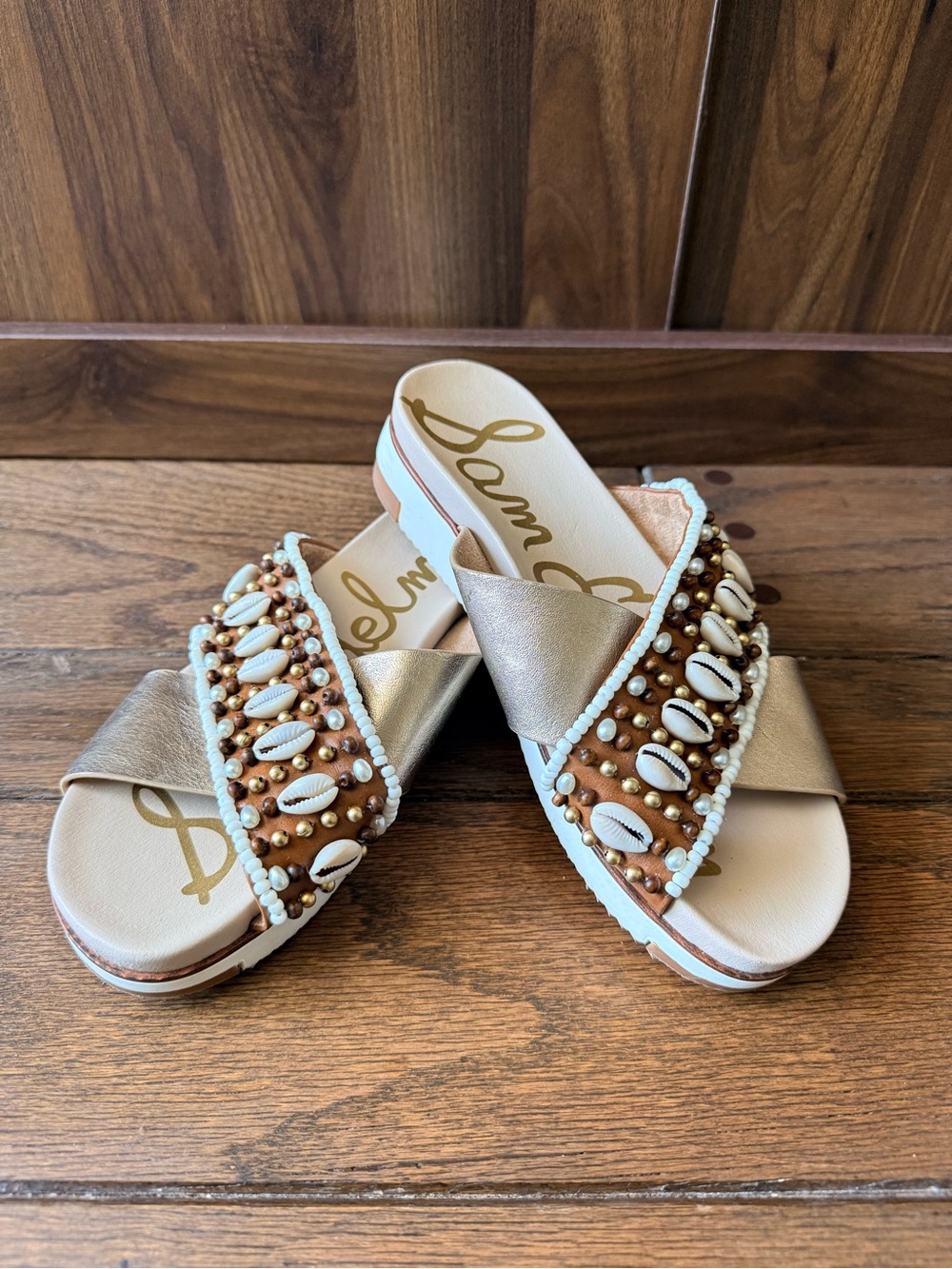 Sam Edelman Metallic Gold Beaded Cowrie Slide Sandals